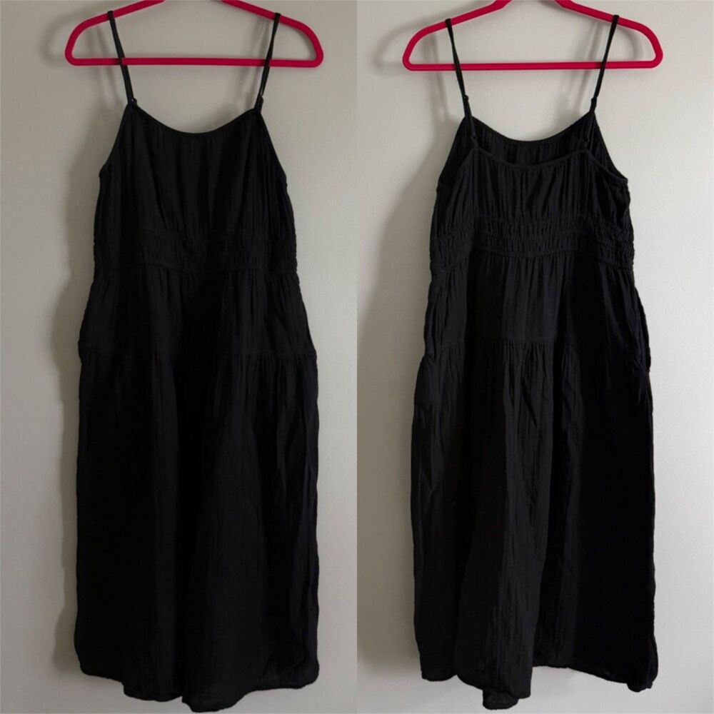 Old Navy Black Cotton Gauze Woven Smocked Waist Spag Strap Midi Dress L